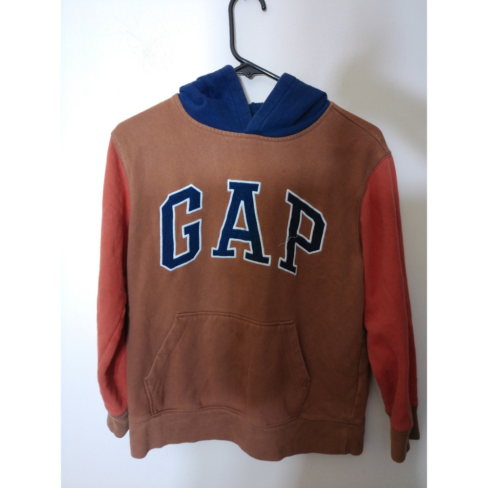 Gap Kids Hoodie XL Youth Brown Orange Colorblock Logo Pullover Sweatshirt 2127